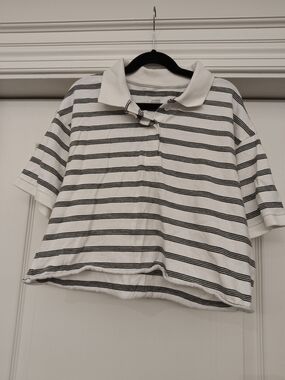 American Eagle Outfitters White and Black Striped Polo Tee